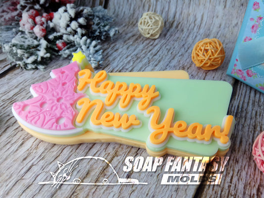 Happy New Year with a Christmas tree Silicone Soap Mold - for soap making, Craft & Hobby