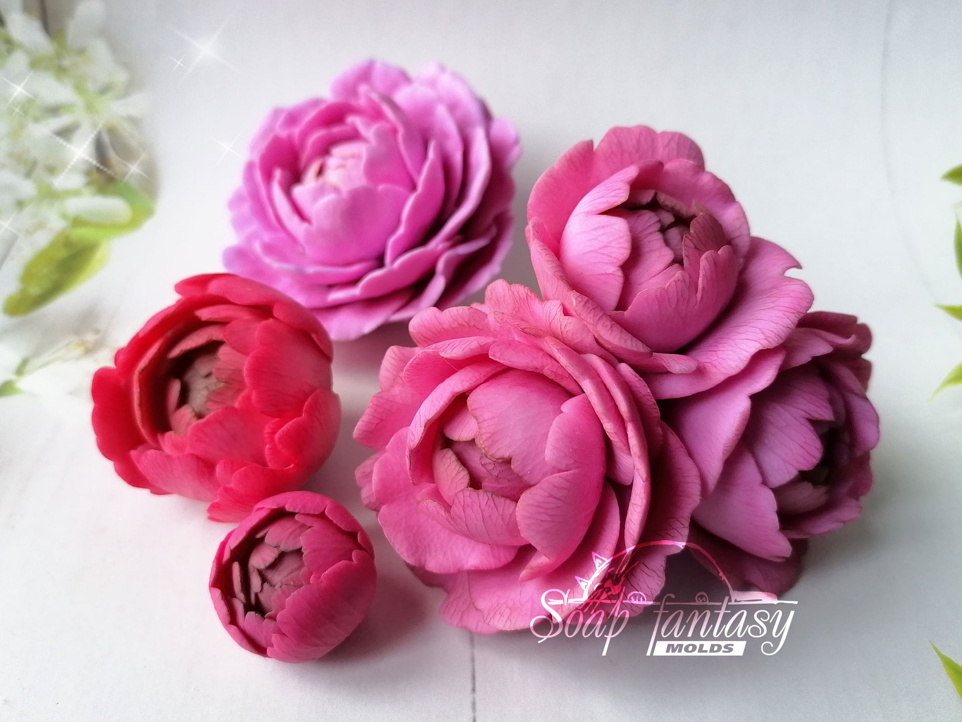 BIG Peony triplet "Sweet Harmony" flower silicone mold (mould) for soap making and candle making