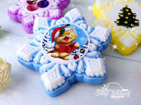 Christmas snowflake with a sticker (model #2) Silicone Soap Mold - for soap making, Craft & Hobby