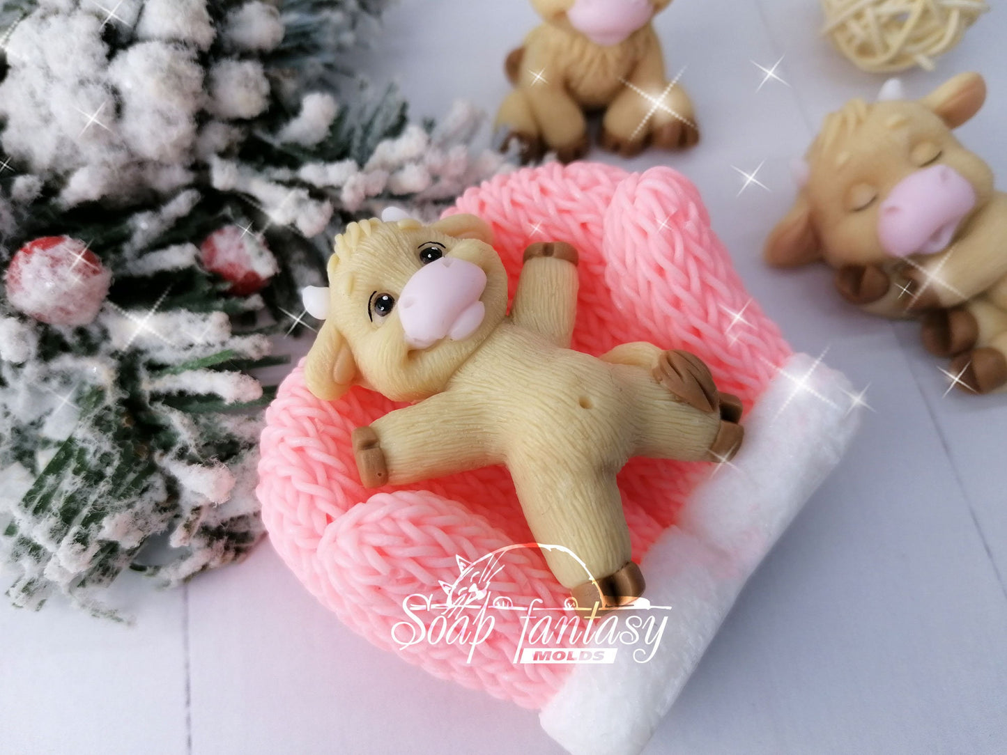 MooMoo baby bulls laying on back silicone mold for soap making