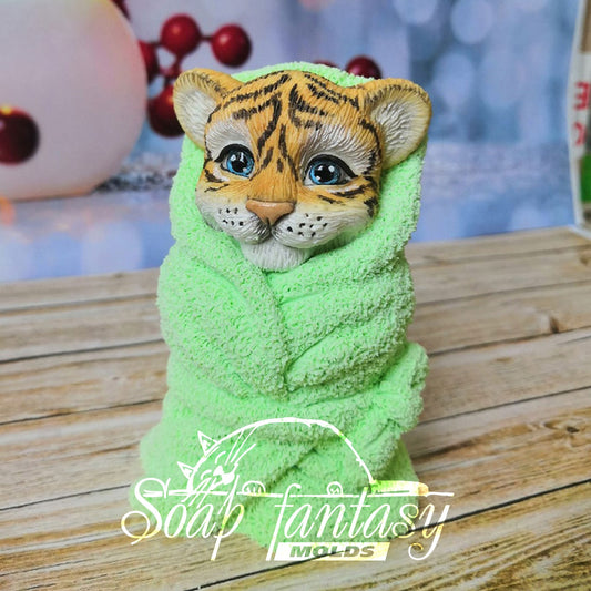 Tiger Cub in a towel Silicone Soap Mold - for soap making, Craft & Hobby