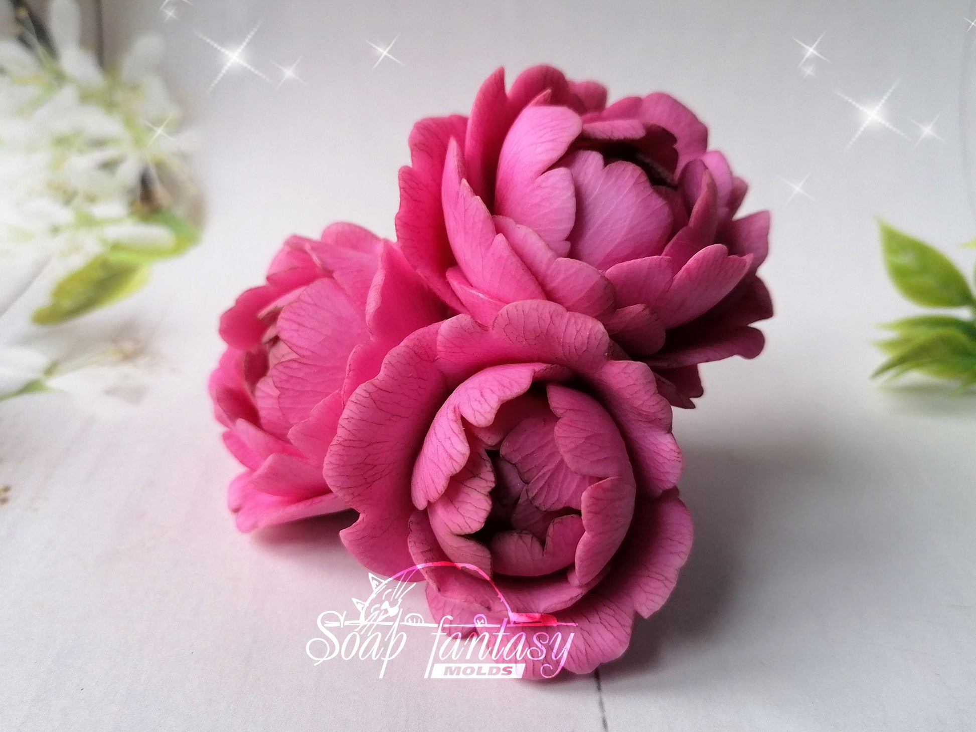 BIG Peony triplet "Sweet Harmony" flower silicone mold (mould) for soap making and candle making
