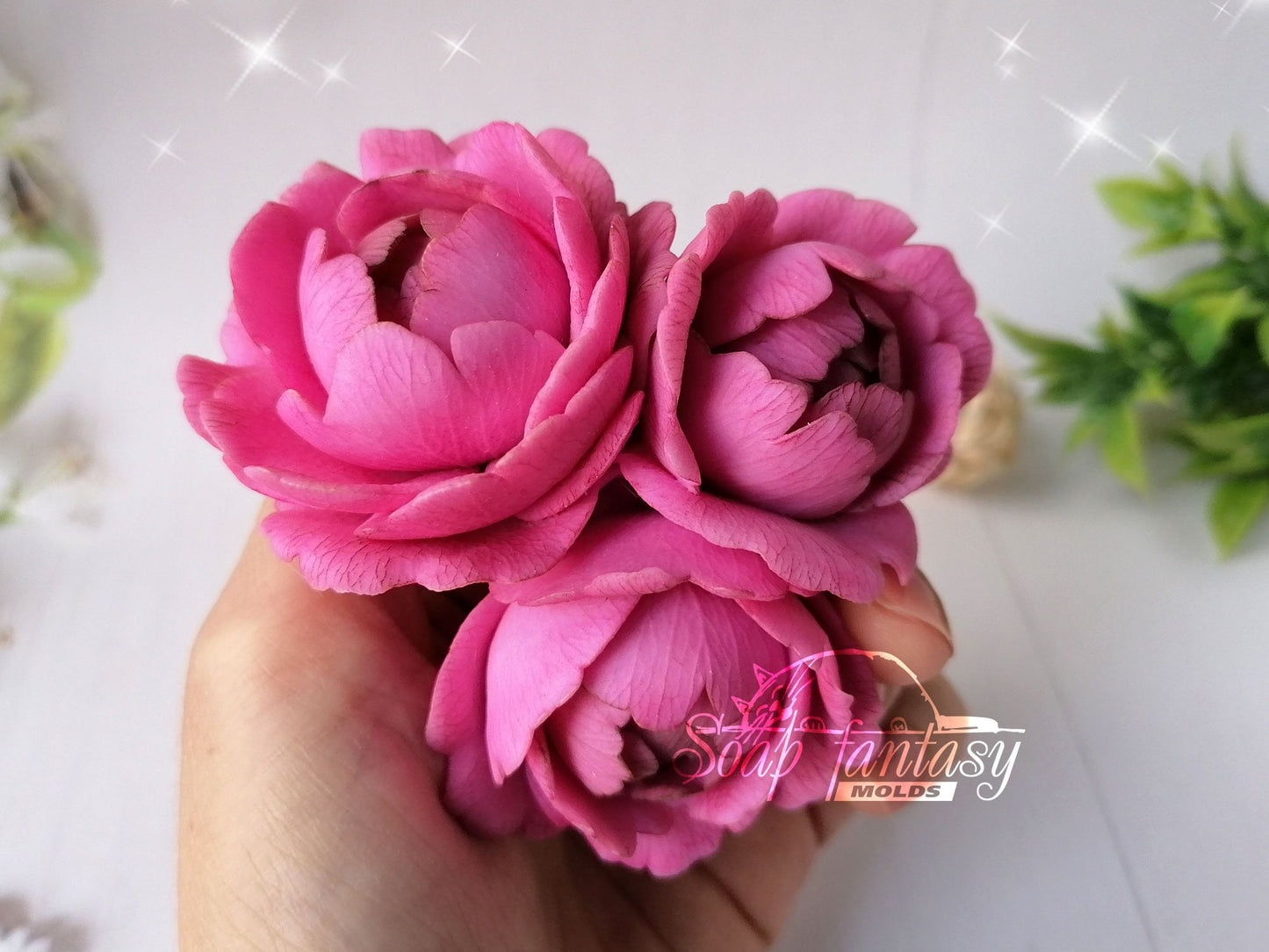 BIG Peony triplet "Sweet Harmony" flower silicone mold (mould) for soap making and candle making