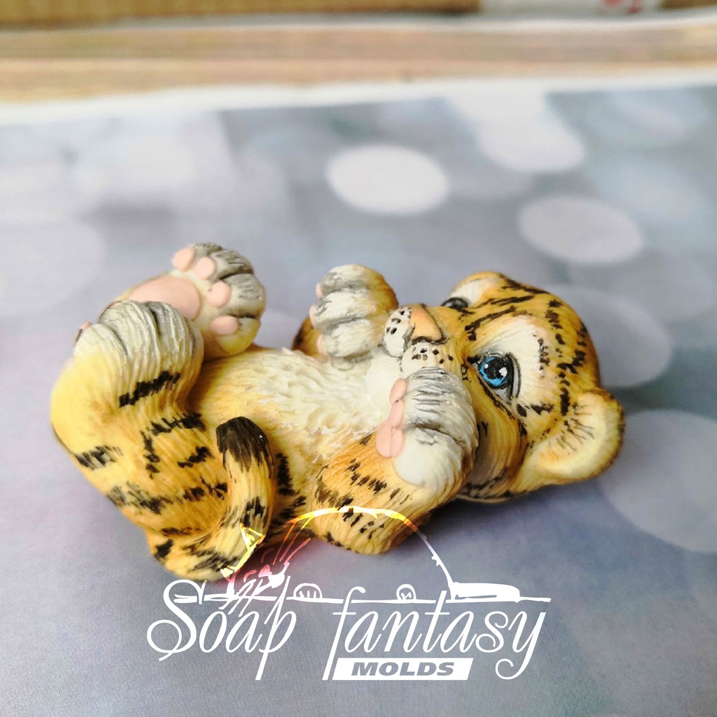 So cute tiger baby cub lying on its back silicone mold for soap making